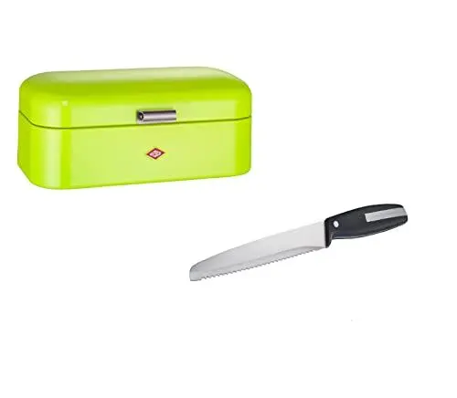 Produktbild: Wesco Set aus 1x Grandy Brotkasten in der Farbe Limegreen aus hochwertigem Stahlblech pulverbeschichtet und 1x Brotmesser mit Edelstahlklinge im Wellenschliff