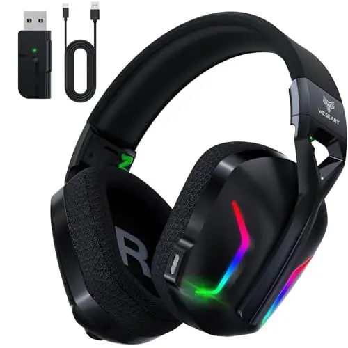 Produktbild: WESEARY WG1 2,4G Wireless Gaming Headset mit Mikrofon für PS5, PS4, PC, Switch, Mac, Bluetooth Kopfhörer, Faltbarer 7.1 Surround Sound Noise Cancelling mit RGB Licht, Über 50 Stunden Akkulaufzeit