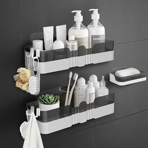 Produktbild: WeshyiGo 2er-Pack Duschcaddy, trennbarer Duschorganizer mit Haken, kein Bohren, Doppelschicht-Duschregal für Bad und Küche (Grau)