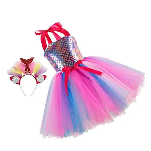 Produktbild: WESIEVYA 1 Satz Mesh-Rock Gilr Meerjungfrauenkleid Meerjungfrauen-Outfits mit Pailletten Pailletten-Mesh-Kleid haarband hair-band hairband Cosplay-Kleid Hochzeitskleid für Kinder Stoff Rosa
