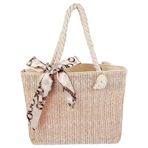 Produktbild: WESIEVYA Gewebte Damen Handtasche Große Umhängetasche Strohtasche Für Strand Und Shopping Sicher Und Organisiert