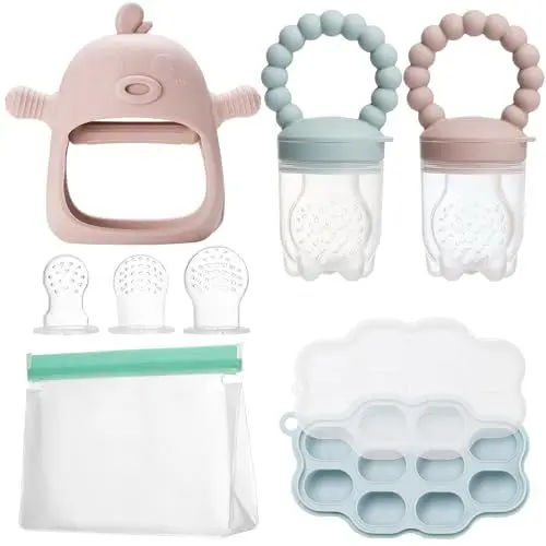 Produktbild: WEST STORY Feeding Teething Breastmilk, Fruchtsauger Baby, enhalt 2 Silikon Fruchtsauger, Aufbewahrung von Babynahrung, Beißspielzeug fur Baby, 5 Silikon Sauger in 3 Größen, BPA frei (Blau & Rosa)