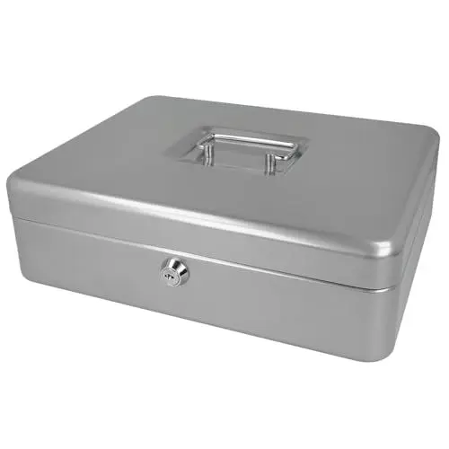 Produktbild: Westcott Geldkassette abschließbar (groß, 30 cm) Silber | Abschließbare Box aus Stahlblech mit 2 Schlüsseln | Herausnehmbare Einlage für Münzen mit 5 Fächern | E-51002 SILVER
