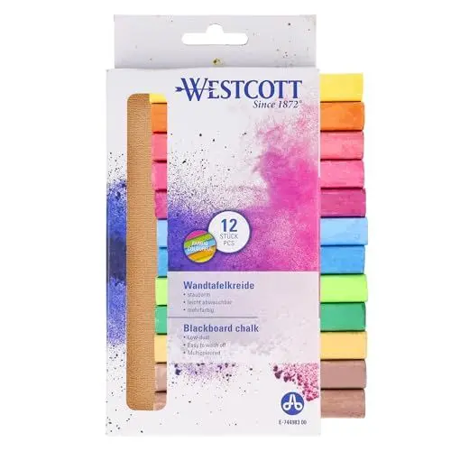 Produktbild: Westcott Kreide 12 Stück Bunt | 12er Pack Tafelkreide mit 1,2cm ⌀ in leuchtenden Farben | staubarm & leicht abwischbar | 8,5cm lange Kreidestifte | E-744983 00