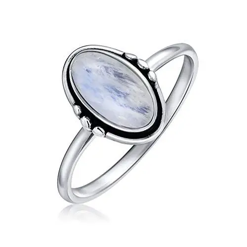 Produktbild: Bling Jewelry Westlicher Boho Zarter Lünette Ovaler Cabochon Edelstein Schillernder Stimmungswechselnder Mondsteinring Für Frauen Teenager 1MM Dünnes Band Oxidiertes .925 Sterlingsilber