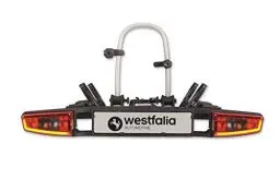 Produktbild: Westfalia Bikelander Fahrradträger für die Anhängerkupplung | Kupplungsträger für 2 Fahrräder | E-Bike geeignet | zusammenklappbar | LED-Hybrid-Leuchten, Schwarz,Silber