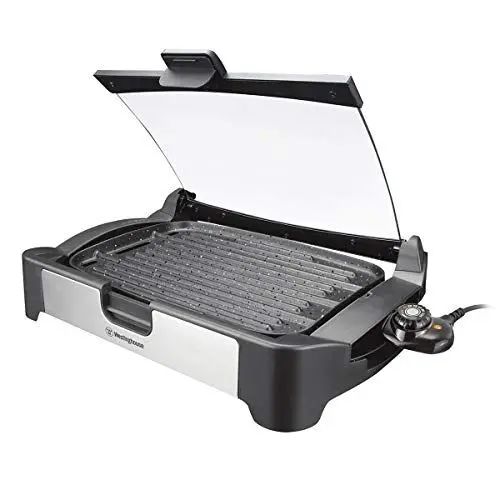 Produktbild: Westinghouse Tischgrill mit Glasdeckel, Antihaftbeschichtung, Cool-Touch-Griffe und Gehäuse, Überhitzungsschutz, Spülmaschinengeeignete Grillplatte, Spritzschutz, Regulierbares Thermostat, schwarz