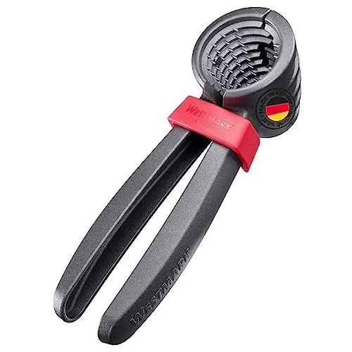 Produktbild: Westmark Nussprofi – Robuster Nussknacker für Walnüsse, Paranüsse und Haselnüsse, mühelose Anwendung, inkl. Klammer zum Zusammenhalten der Zangen – Aluminium, Anthrazit/Rot