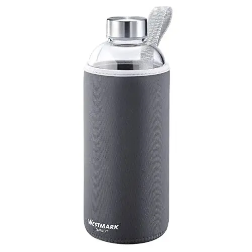Produktbild: Westmark Trinkflasche, aus Glas mit Aufdruck, inkl. Schutzhülle, 1000 ml, Glas/Silikon/Kautschuk, BPA-frei, Viva, Anthrazit/Silber/Klar, 5274226A