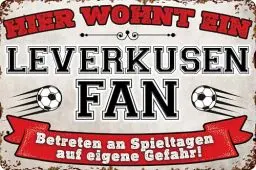 Produktbild: 20x30cm Blechschild für Fußball Fans, hier wohnt ein Leverkusen Fan – Wandschild, Türschild, Torschild, lustiger Fussball Spruch, Fanartikel