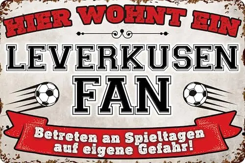 Produktbild: 20x30cm Blechschild für Fußball Fans, hier wohnt ein Leverkusen Fan – Wandschild, Türschild, Torschild, lustiger Fussball Spruch, Fanartikel