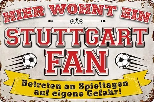 Produktbild: 20x30cm Blechschild für Fußball Fans, hier wohnt ein Stuttgart Fan – Wandschild, Türschild, Torschild, lustiger Fussball Spruch, Fanartikel