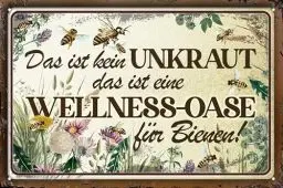 Produktbild: LUCKYLINDE - Wetterfestes Blechschild, Gartenschild – Hinweis: Kein Unkraut, Wellness Oase für Bienen – lustiger Spruch, 20 x 30 cm