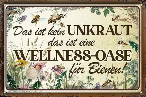 Produktbild: LUCKYLINDE - Wetterfestes Blechschild, Gartenschild – Hinweis: Kein Unkraut, Wellness Oase für Bienen – lustiger Spruch, 20 x 30 cm