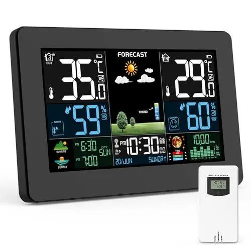Produktbild: HAOYAO Wetterstation Funk mit Außensensor, Farbdisplay, Wettervorhersage, Temperatur, Luftfeuchtigkeit, Wecker mit Schlummerfunktion, Luftdruck,60m Übertragungsentfernung, für Innen und Außen