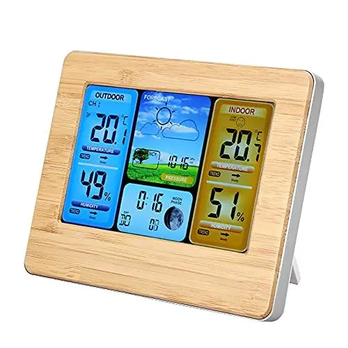 Produktbild: Wetterstation Wireless Indoor Outdoor Thermometer, LCD Digital Wireless Wetterstation Uhr Thermometer Indoor Outdoor Luftfeuchtigkeit (Neutral - Gelb)