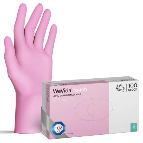 Produktbild: WeVida®Touch 100x Einweghandschuhe Pink M, strapazierfähige reißfeste Gummihandschuhe, latexfrei, puderfrei Nitrilhandschuhe für Kochen, Reinigen, Tattoo & Nagelpflege