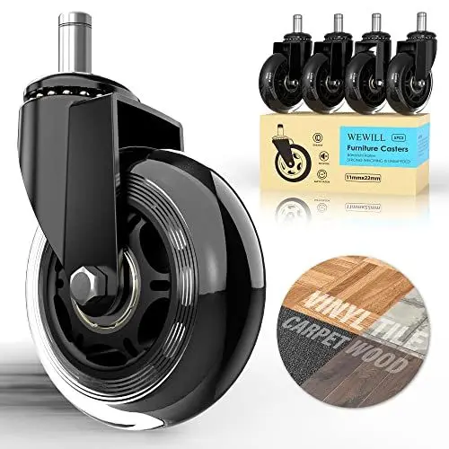 Produktbild: WEWILL Bürostuhl Rollen Stuhlrollen bis 300 kg Schreibtischstuhl Gummirollen Hartbodenrollen, Sehr leise Bürostuhlrollen 5PCS 11x22 mm, Keine Bodenschutzmatte Nötig Keine Kratzer im Boden