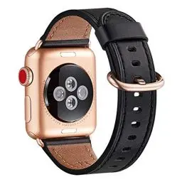 Produktbild: WFEAGL Kompatibel für Apple Watch Armband 44mm 45mm 49mm 42mm,Lederband Ersatzband für Herren Damen Kompatibel für iWatch Ultra Series 10/9/8/7/6/5/4/3/2/1,SE(42mm 44mm 45mm, Schwarz+Roségold Adapter)
