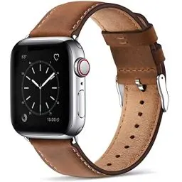 Produktbild: WFEAGL Lederarmband Kompatibel mit Apple Watch Armband 49mm 44mm 45mm 42mm 46mm,Echtes Lederband Ersatzarmband Herren Damen armbands für iWatch Series Ultra SE 10 9 8 7 6 5 4 3 2 1,Retro Braun/Silber