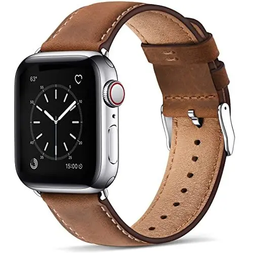 Produktbild: WFEAGL Lederarmband Kompatibel mit Apple Watch Armband 49mm 44mm 45mm 42mm 46mm,Echtes Lederband Ersatzarmband Herren Damen armbands für iWatch Series Ultra SE 10 9 8 7 6 5 4 3 2 1,Retro Braun/Silber