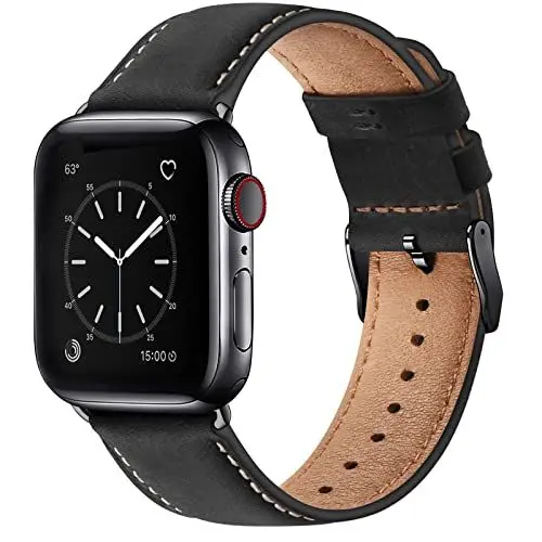 Produktbild: WFEAGL Lederarmband Kompatibel mit Apple Watch Armband 49mm 44mm 45mm 42mm 46mm,Echtes Lederband Ersatzarmband Herren Damen armbands für iWatch Series Ultra SE 10 9 8 7 6 5 4 3 2 1,Schwarz
