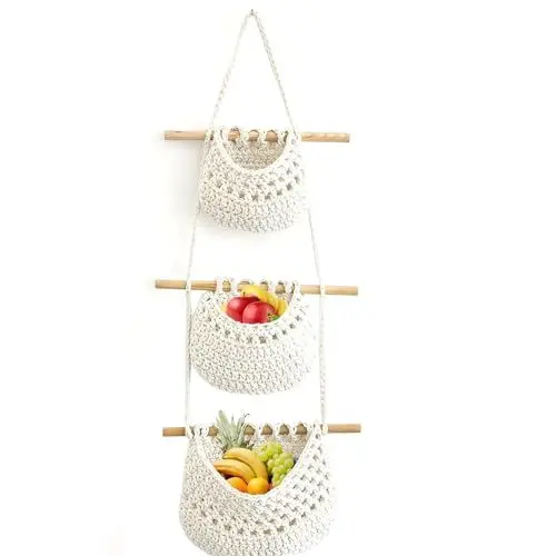 Produktbild: WHangXJangYE Obstkorb Hängend, 3 Stöckiger Obst Hängekorb Aufbewahrungskörbe Handgewebt Hängender Boho Hängekörbe Obst Wandkorb Für Küche Wohnzimmer Badezimmer Schlafzimmer