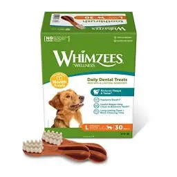 Produktbild: WHIMZEES By Wellness Zahnbürste, Kaustangen für große Hunde zur Zahnpflege, Größe L, 30 Stück (Monatspackung), ohne Zuckerzusatz, getreidefrei, natürlich, fettarm