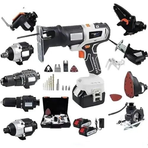 Produktbild: WHIPIN 10-in-1-Elektrowerkzeug-Kombi-Set, kabelloses, multifunktionales Holzbearbeitungswerkzeug-Set, bürstenloses Elektrowerkzeug-Set mit 4,0-Ah-Akku und Werkzeugkästen for Heimwerkerprojekte