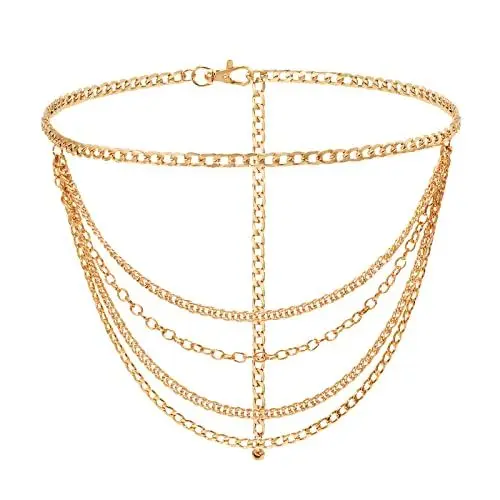 Produktbild: WHIPPY Taillenkette Damen Metall Gürtel Gold Mehrschichtiger Verstellbarer Taillen Gürtel Kettengürtel für Jeans Kleider,Gold 150cm