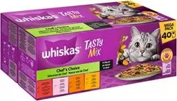 Produktbild: Whiskas 1+ Katzenfutter Tasty Mix Chef´s Choice in Sauce, 40x85g (1 Packung) – Hochwertiges Nassfutter für ausgewachsene Katzen in 40 Portionsbeuteln