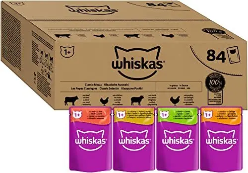 Produktbild: WHISKAS Adult 1+ Katzenfutter nass - ab 1 Jahr - 84x85g Portionsbeutel - Klassische Auswahl in Sauce - Katzen Nassfutter - Großpackung