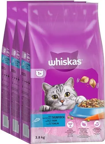 Produktbild: WHISKAS Adult 1+ Katzenfutter trocken - ab 1 Jahr - 3x3,8kg Großpackung - mit Thunfisch - Trockenfutter für Katzen - 3 Beutel