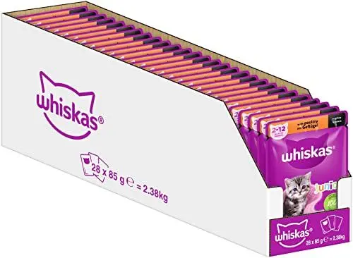Produktbild: Whiskas Junior Katzenfutter Geflügel in Sauce, 28x85g (1 Packung) – Hochwertiges Nassfutter für heranwachsende Katzen von 2 bis 12 Monaten in 28 Portionsbeuteln