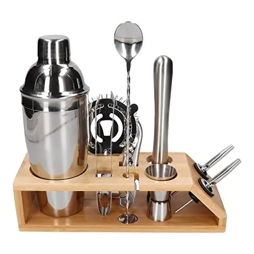Produktbild: Whiskey Rocks 10-er Edelstahl Cocktail Set mit Bambusständer - Barkeeper Set mit Metall Shaker, Jigger, Messbecher, Barlöffel, Stößel & mehr - Drink Mixer, Bar & Cocktail Zubehör - Silber