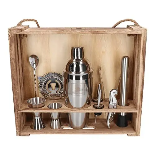 Produktbild: Whiskey Rocks 11-er Cocktail Shaker Set mit Holzregal - Cocktail & Bar Zubehör - Paris Shaker - Barkeeper Set - Bar Set - Cocktail Messbecher & Stößel - Barlöffel - Korkenzieher - Edelstahl - Silber