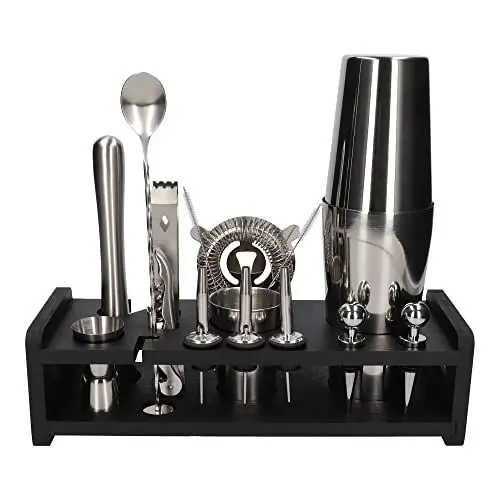 Produktbild: Whiskey Rocks 17-er Cocktail Shaker Set mit Schwarz Bambusständer - Cocktail & Bar Zubehör - Boston Shaker - Barkeeper Set - Bar Set - Cocktail Messbecher & Stößel - Barlöffel - Edelstahl - Silber