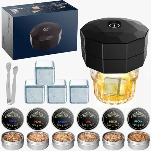 Produktbild: Whiskey Smoker Set Elektrischer mit 6 Aromen Holzspäne, Wiederaufladbare Cocktail Smoker Kit mit Warmem Licht für Bourbon Kaffee Wurst Fisch, Geschenke für Männer Vater Ehemann Freund Whiskyliebhaber