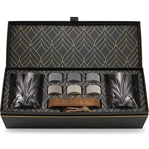Produktbild: Whiskey Steine Set - 6 Handgefertigte Runde Granit Whisky Steine - 2 Whisky Gläser - Präsentations- und Aufbewahrungsbrett aus Hartholz - Whisky Geschenkset Box mit Goldfolie von Rocks
