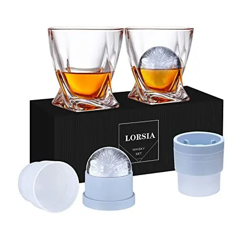 Produktbild: Whisky Gläser, 4er Set (2 Kristallgläser, 2 große Eiskugelformen) in Geschenkbox – 320 ml Whiskey Gläser für Scotch, Cocktail, Rum, Bourbon, Wodka und Likör – Einzigartige Geschenke für Männer