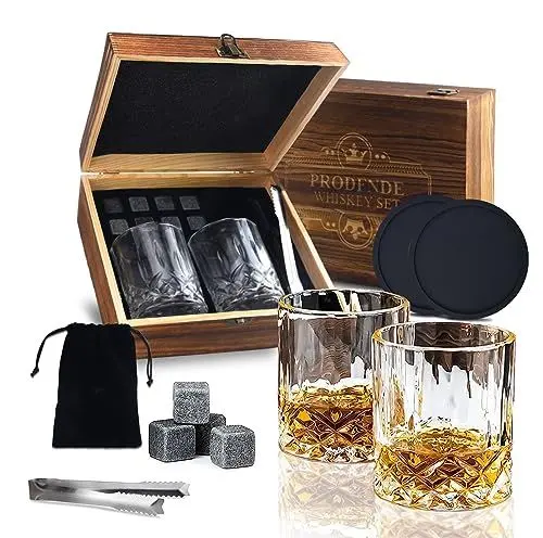 Produktbild: Whisky Gläser Set Geschenkset für Männer in Holzbox, 8 Chilling Steine, 2 Whiskey Gläser, 2 Schiefer-Trinkuntersetzer, Eiswürfel Wiederverwendbar - Whisky Zubehör Set