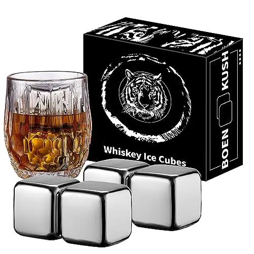 Produktbild: Whisky Steine – 4 große 64 cm³ wiederverwendbare Edelstahl Metall Eiswürfel Getränke kühl Whisky steine für Rotwein, Bier, Scotch, Wodka-Getränke – Geschenkset für Männer – Silbrig