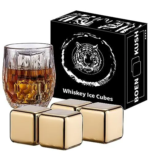 Produktbild: Whisky Steine – 4 große 64 cm³ wiederverwendbare Edelstahl Metall Eiswürfel Getränke kühl Whisky steine für Rotwein, Bier, Scotch, Wodka-Getränke – Golden Geschenkset für Männer