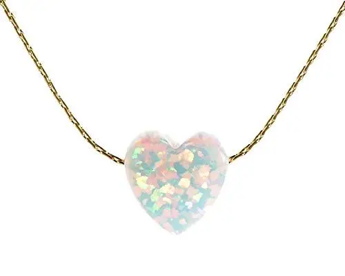Produktbild: White Opal Heart Charm Necklace 14k Gold Filled Cable Wire Long 16 Inches + 2 Inch Extender