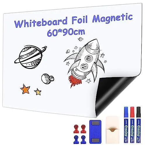 Produktbild: Whiteboard Folie - 60 * 90cm Magnetfolie Selbstklebend Stark, Wochenplaner Abwischbar, Stark Haftende Magnetwand, Magnetfolie füR BüRo Schule Zuhause KüChe, mit Markers, Schwamm, Magnetes