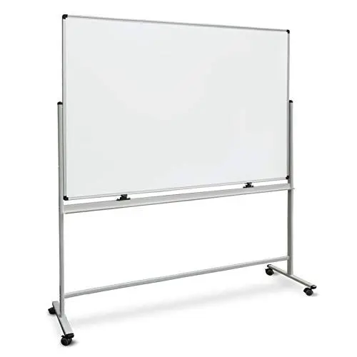 Produktbild: OfficeMarshal Whiteboard mit Ständer 120 x 180cm mobiles Whiteboard auf Rollen doppelseitige Stativdrehtafel magnetisch, beschreibbar, rollbar, leicht abwischbar mit Stifteablage, Aluminiumrahmen