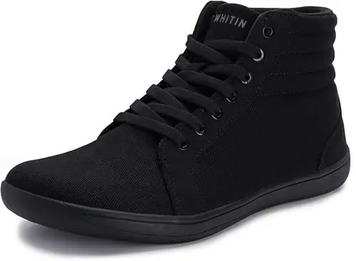 Produktbild: WHITIN Barfußschuhe Herren Winter Barfuss Schuhe Canvas Barfuß High Top Sneaker Barefoot Shoes Breite Minimalschuhe Segeltuchschuhe Atmungsaktiv Schwarz 45 EU
