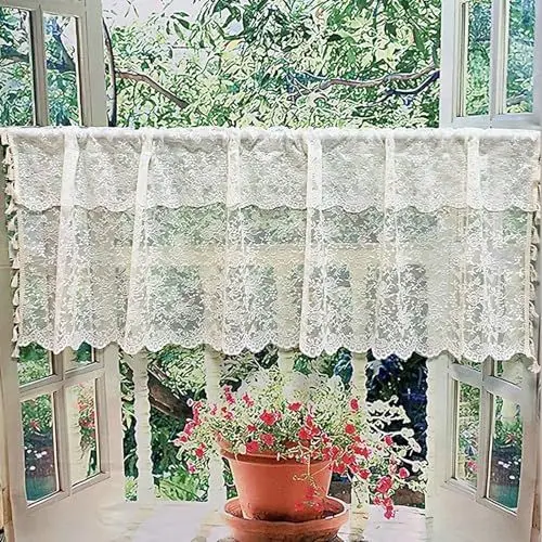 Produktbild: Whoiy Fenstervorhang Küche Halbtransparent 1er Pack Modern 45 cm Höhe, Küchen Scheibengardinen Spitze Beige Blumenstickerei Bistrogardinen mit Quaste Wohnzimmer Landhaus 45x145cm