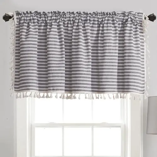 Produktbild: Whoiy Fenstervorhang Kurz Kaffee 1 Stück 45 cm Höhe, Küchen Scheibengardinen Halbverdunkelnde Baumwolle Modern Bistrogardine Gestreift mit Quaste Wohnzimmer Landhaus Küchenvorhänge 45x150cm
