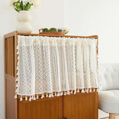 Produktbild: Whoiy Scheiben Kurzgardinen Beige 1 Stück 100 cm Höhe, Scheibengardine Küche Durchsichtig Spitze Modern Stores Gardinen Böhmen mit Quaste Wohnzimmer Landhaus Vorhänge Küchenfenster 100x150cm